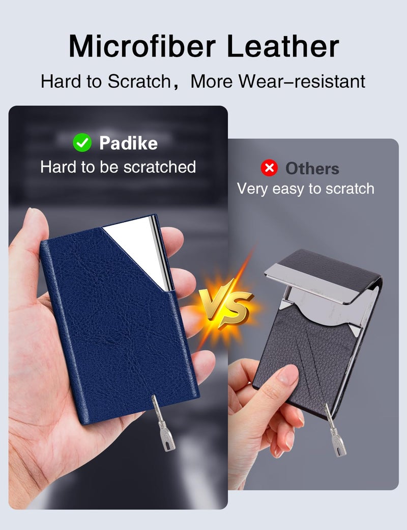 Padike Business Card Holder, Leather Business Card Case Pocket Card Holders for Men or Women, Metal Slim Name Card Holder RFID Blocking Business Card Carrier with Magnetic Closure(Z-Navy Blue) - Image 3